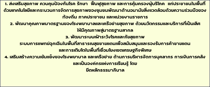 1. ส่งเสริมสุขภาพ ควบคุมป้องกันโรค รักษา ฟื้นฟูสุขภาพ และการคุ้มครองผู้บริโภค แก่ประชาชนในพื้นที่ ด้วยเทคโนโลยีและกระบวนการจัดการสุขภาพของชุมชนพัฒนาด้านอนามัยสิ่งแวดล้อมด้วยความร่วมมือของ ท้องถิ่น ภาคประชาชน และหน่วยงานราชการ 2. พัฒนาคุณภาพมาตรฐานของโรงพยาบาลและเครือข่ายสุขภาพ ด้วยนวัตกรรมและบริการที่เป็นเลิศ ให้มีคุณภาพสู่มาตรฐานสากล 3. พัฒนาระบบเฝ้าระวังโรคและภัยสุขภาพ ระบบการแพทย์ฉุกเฉินในพื้นที่สาธารณสุขชายแดนเพื่อสนับสนุนและรองรับการค้าชายแดน และการเติบโตในพื้นที่เชื่อมโยงเขตเศรษฐกิจพิเศษ 4. เสริมสร้างความเข้มแข็งของโรงพยาบาล และเครือข่าย ด้านการบริหารจัดการบุคลากร การเงินการคลัง และเป็นองค์กรแห่งการเรียนรู้ โดย ยึดหลักธรรมาภิบาล 